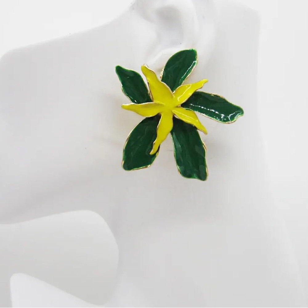 Green and Yellow Enamel Floral Earrings Pierced